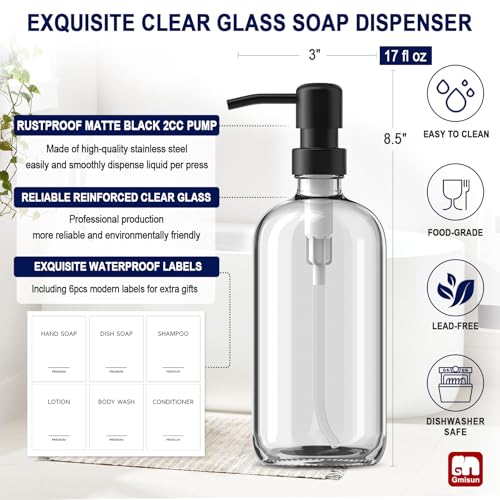 GM GMISUN GMISUN Glass Soap Dispenser with Pump, 2 Pack Clear Bathroom Hand Soap Dispenser with Stainless Steel Pump, 17 Fl Oz Refillable Kitchen Hand and Dish Soap Dispensers Set, Modern Liquid Pump Bottles - Image 3