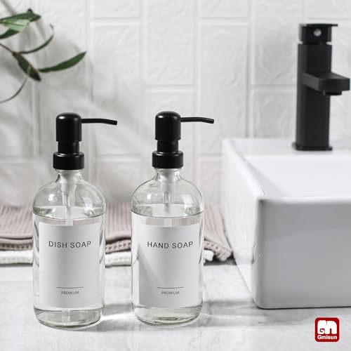 GM GMISUN GMISUN Glass Soap Dispenser with Pump, 2 Pack Clear Bathroom Hand Soap Dispenser with Stainless Steel Pump, 17 Fl Oz Refillable Kitchen Hand and Dish Soap Dispensers Set, Modern Liquid Pump Bottles - Image 4