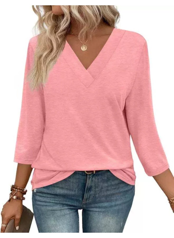 general WIHOLL 3/4 Length Sleeve Womens Tops V Neck Casual Tunic Tops Basic Shirts Loose Fit Blouse - Image 1