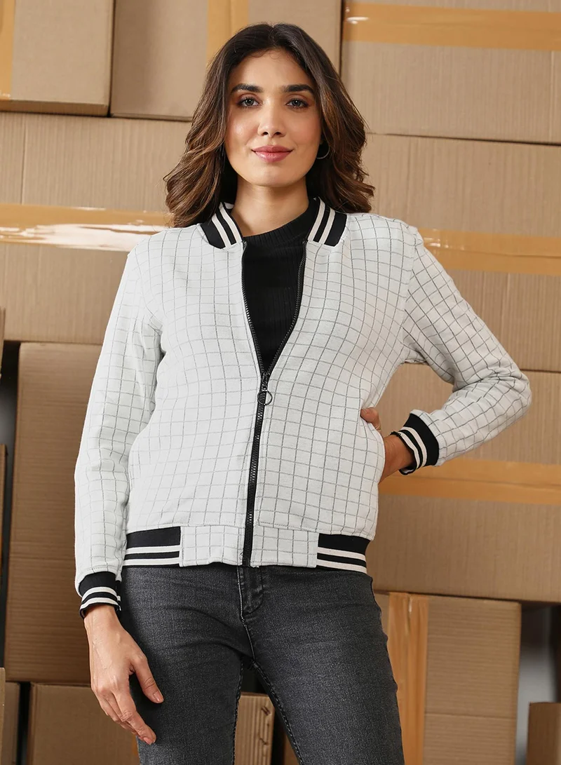 Campus Sutra Women's Cloud Grey Zip-Front Graph Check Jacket