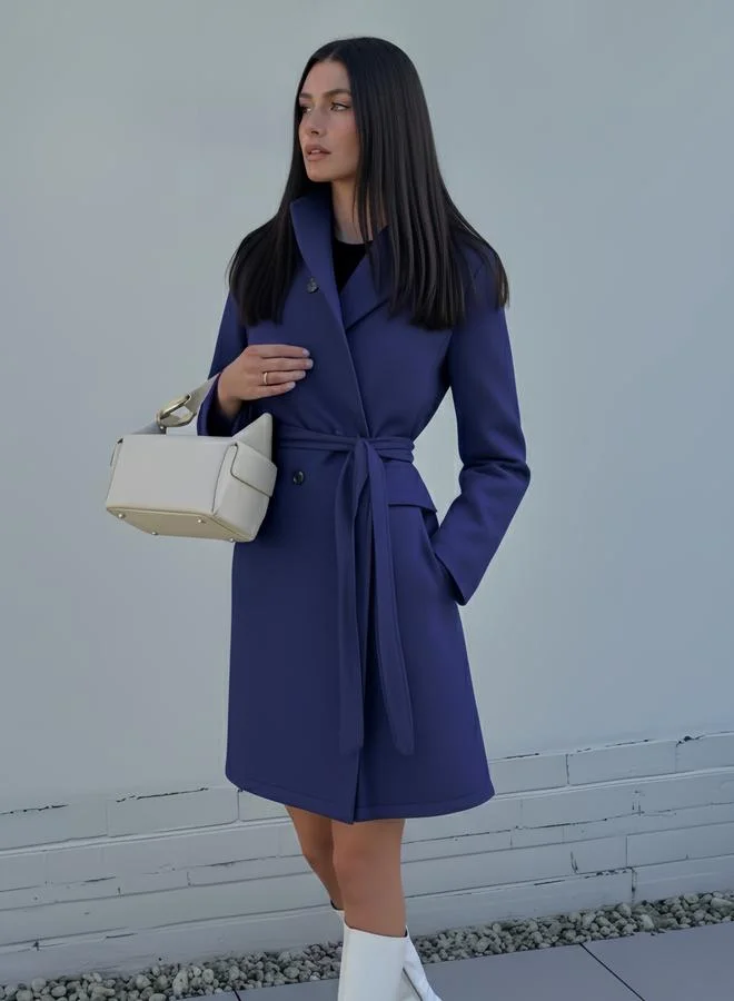 Styli Navy Regular Fit Double Breasted Belted Wool Like Coat