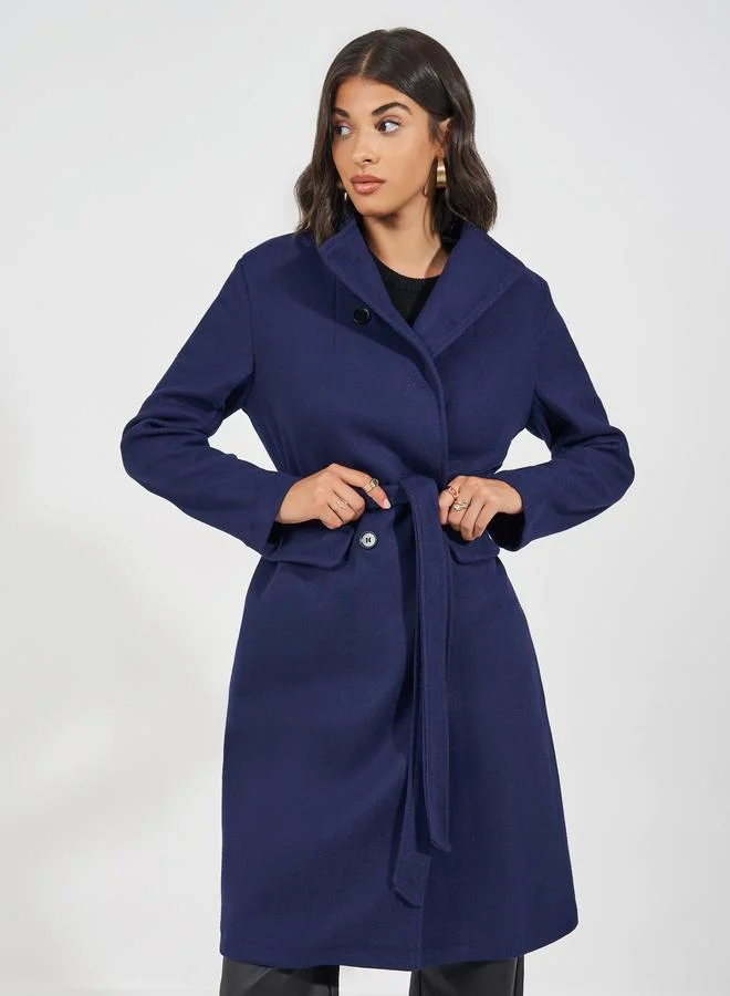Styli Navy Regular Fit Double Breasted Belted Wool Like Coat