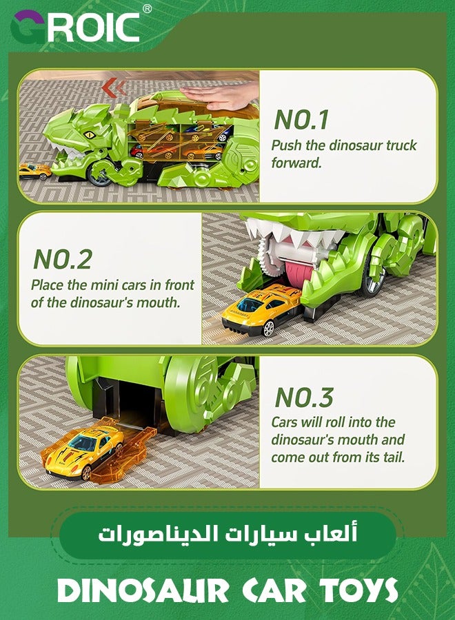 GROIC Transporter Dinosaur Truck Toy with 12 Diecast Racing Cars, Monster Truck Carrier Set Transforms into Dino with Race Track, Toddler Toys Gifts for Kids, Dino Transport Car with Wings and Handle - Image 2