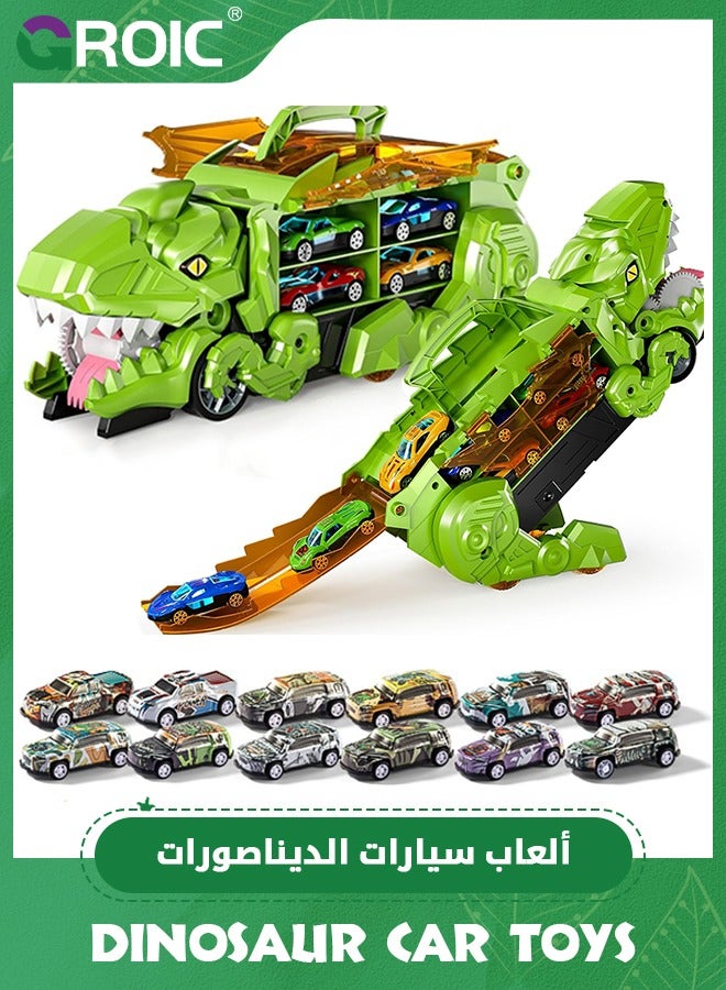 GROIC Transporter Dinosaur Truck Toy with 12 Diecast Racing Cars, Monster Truck Carrier Set Transforms into Dino with Race Track, Toddler Toys Gifts for Kids, Dino Transport Car with Wings and Handle - Image 1