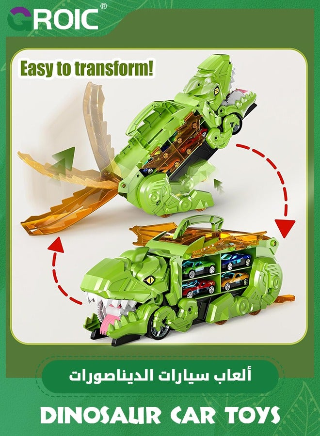 GROIC Transporter Dinosaur Truck Toy with 12 Diecast Racing Cars, Monster Truck Carrier Set Transforms into Dino with Race Track, Toddler Toys Gifts for Kids, Dino Transport Car with Wings and Handle - Image 3
