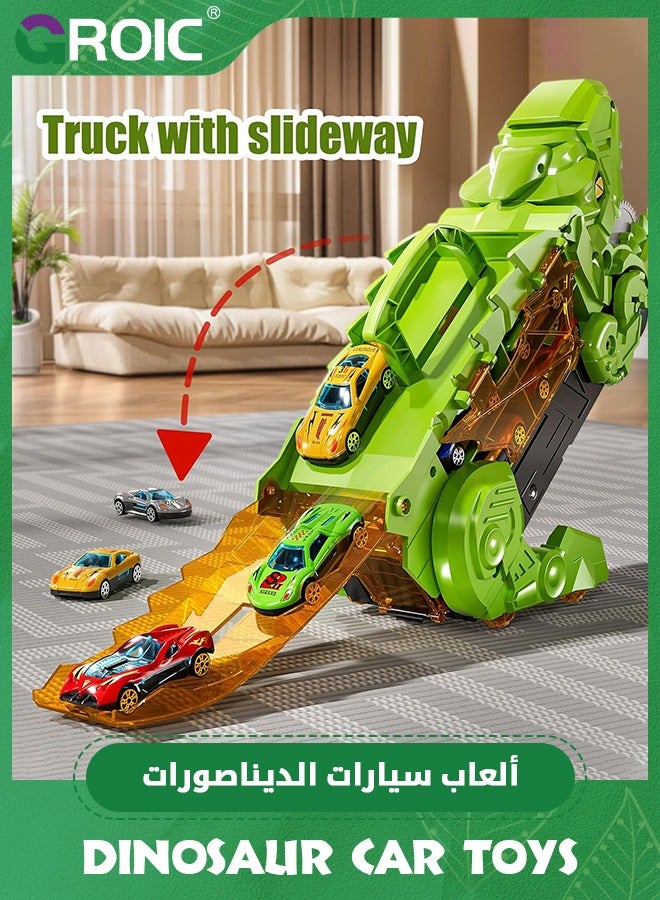 GROIC Transporter Dinosaur Truck Toy with 12 Diecast Racing Cars, Monster Truck Carrier Set Transforms into Dino with Race Track, Toddler Toys Gifts for Kids, Dino Transport Car with Wings and Handle - Image 4
