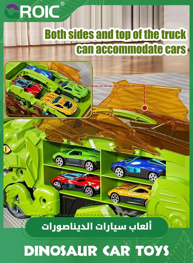 GROIC Transporter Dinosaur Truck Toy with 12 Diecast Racing Cars, Monster Truck Carrier Set Transforms into Dino with Race Track, Toddler Toys Gifts for Kids, Dino Transport Car with Wings and Handle - Image 5