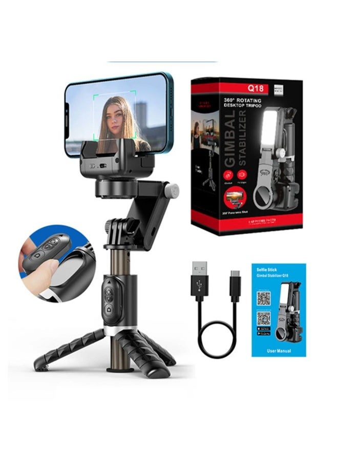Q18 360-Degree Rotating Desktop Tripod & Gimbal Stabilizer With Front & Rear Fill Light & Remote Control - Foldable, Stable With Smart Tracking - Image 1