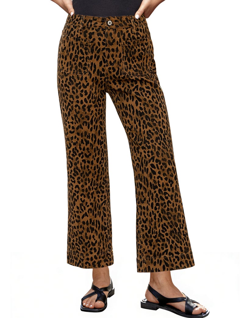 luvamia Flare Jeans for Women High Waisted Leopard Cheetah Print Stretch Cropped Denim Pants Patch Pocket High Rise Wide Leg Jeans for Women Brown Cheetah Medium US Size 8-10 - Image 1