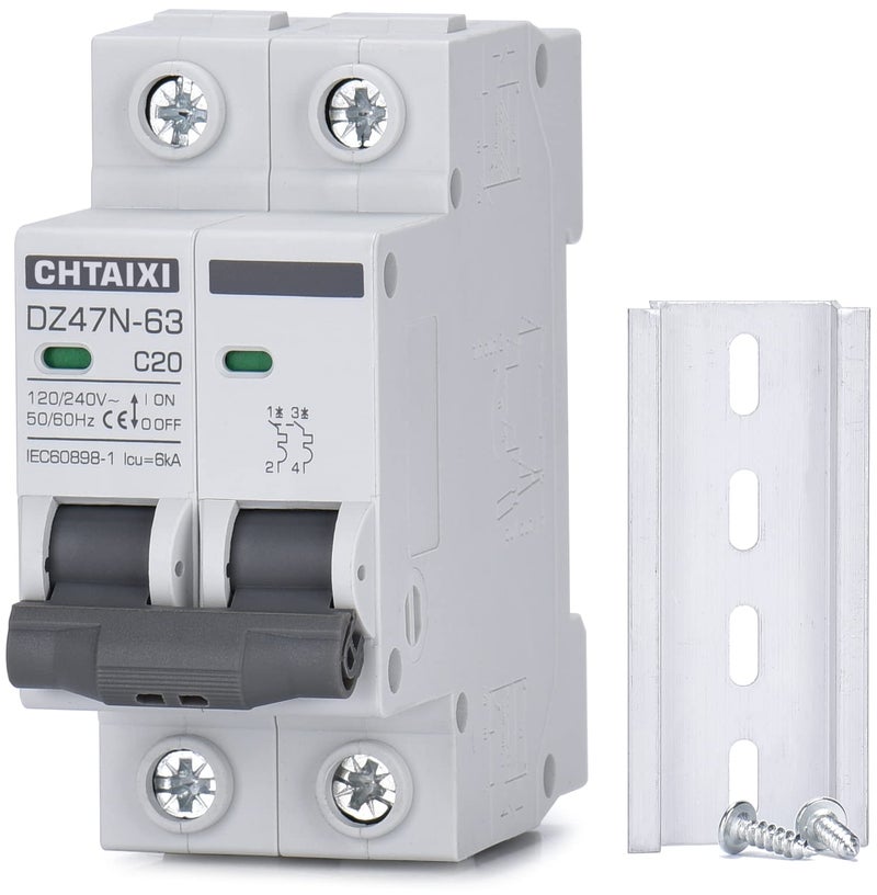 Chtaixi AC Miniature Circuit Breaker, 20 Amp 120V/240V 2 Pole DIN Rail Mount Circuit Breaker, Thermal Magnetic Trip, Solar AC Disconnect Switch MCB C20 - Image 1