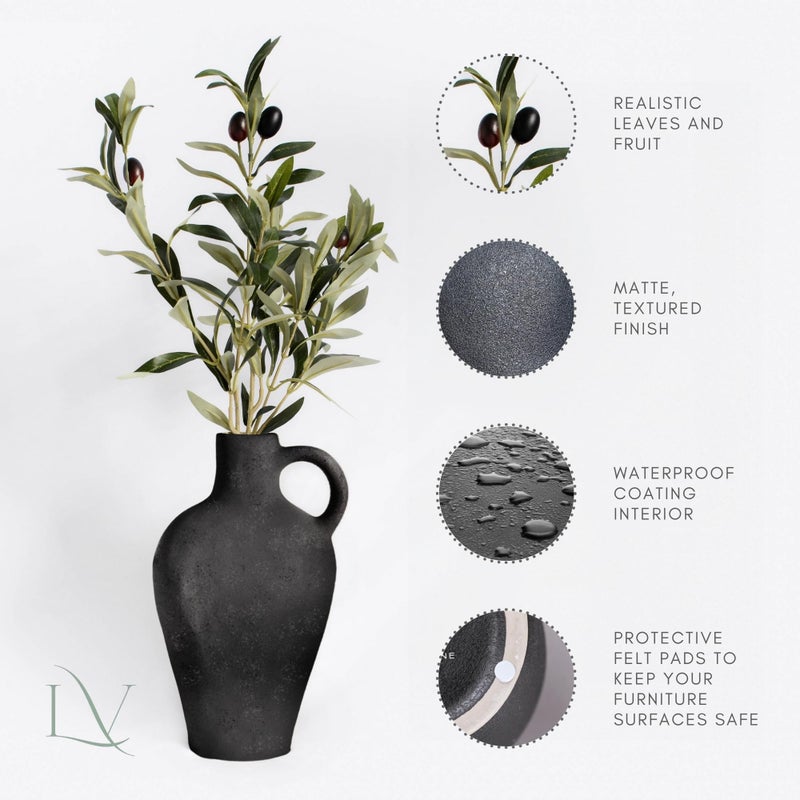 Laurel And Vine Deco Luxurious Gift Set Textured Ceramic Vase 10 Inch with Olive Branches 22 Inch Tall Black Medium Vase Artificial Topiaries Fake Plants  Minimalist Shelf Decor  Neutral Home Office Desk Room Decor - Image 3
