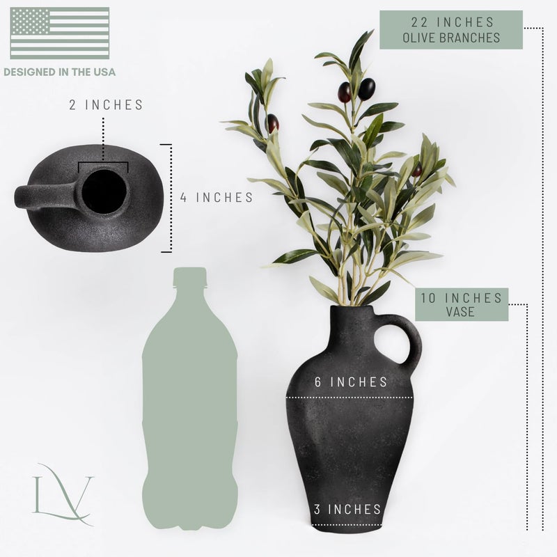 Laurel And Vine Deco Luxurious Gift Set Textured Ceramic Vase 10 Inch with Olive Branches 22 Inch Tall Black Medium Vase Artificial Topiaries Fake Plants  Minimalist Shelf Decor  Neutral Home Office Desk Room Decor - Image 2