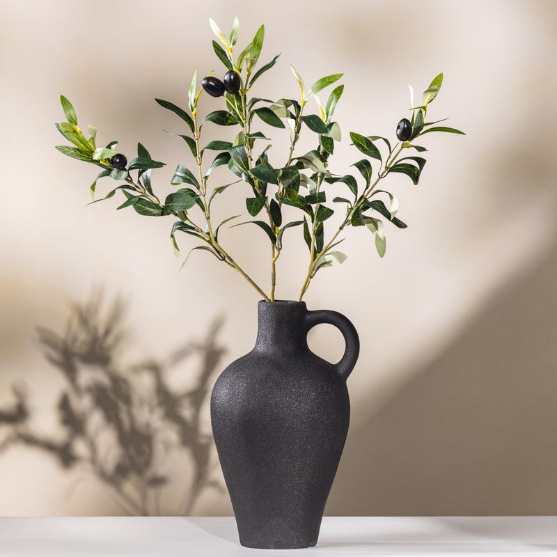 Laurel And Vine Deco Luxurious Gift Set Textured Ceramic Vase 10 Inch with Olive Branches 22 Inch Tall Black Medium Vase Artificial Topiaries Fake Plants  Minimalist Shelf Decor  Neutral Home Office Desk Room Decor - Image 1