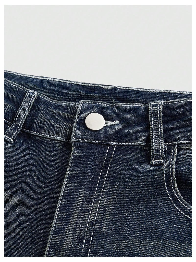 MakeMeChic Women's Flared Jeans Bell Bottom Jeans Embroidered Y2K High Waist Stretchy Denim Pants Blue X-Small - Image 3