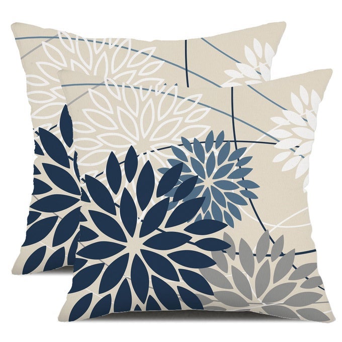 BLUE AND GRAY FLORAL PILLOW COVERS 18X18 SET OF 2 OUTDOOR WATERPROOF WHITE COLORED DECORATIVE THROW PILLOWS SUMMER PILLOWCASE POLYESTER CUSHION CASE DECOR FOR COUCH PATIO FUNITURE GARDEN PORCH 01B18