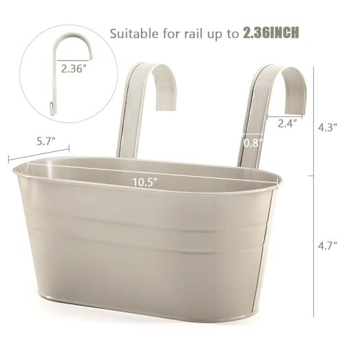 Meltset M 3 Pack Metal Railing Planters, 10.5" Oval Hanging Flower Pots with Detachable Hooks & Drainage Holes, Fits Rails up to 2.36", Galvanized Iron Fence Bucket for Balcony Garden Patio - Gray - Image 2