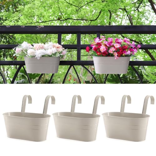 Meltset M 3 Pack Metal Railing Planters, 10.5" Oval Hanging Flower Pots with Detachable Hooks & Drainage Holes, Fits Rails up to 2.36", Galvanized Iron Fence Bucket for Balcony Garden Patio - Gray - Image 1