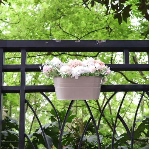 Meltset M 3 Pack Metal Railing Planters, 10.5" Oval Hanging Flower Pots with Detachable Hooks & Drainage Holes, Fits Rails up to 2.36", Galvanized Iron Fence Bucket for Balcony Garden Patio - Gray - Image 5