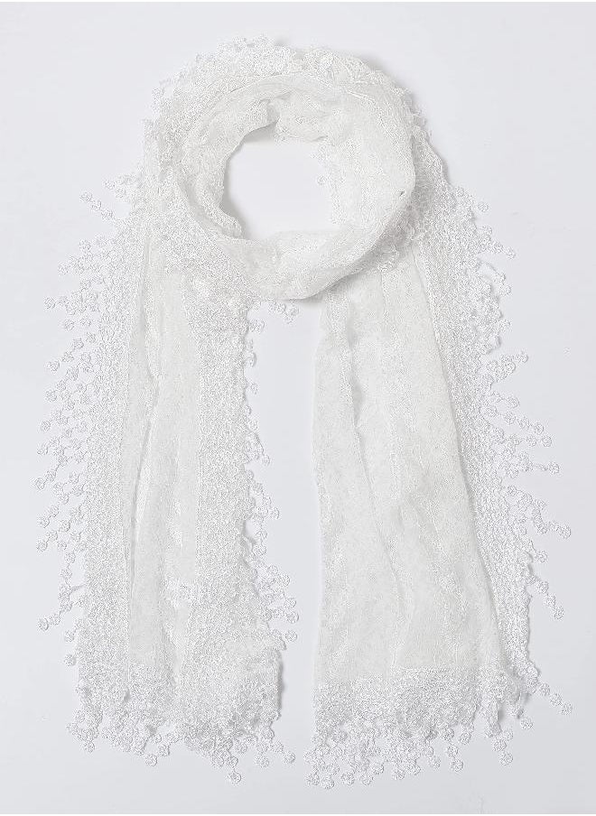 Cindy & Wendy Cindy and Wendy Lightweight Soft Leaf Lace Fringes Scarf shawl for Women (White-SH)  - Image 2