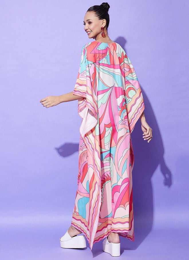 StyleStone Floral Printed Kaftan Satin Maxi Dress with Short Sleeves - Image 4