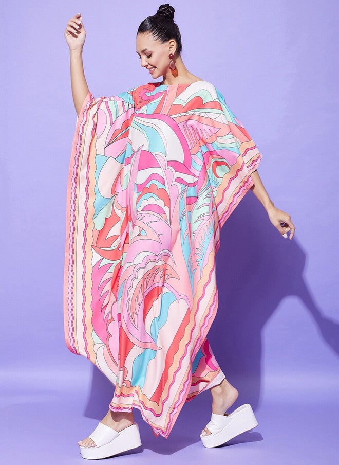 StyleStone Floral Printed Kaftan Satin Maxi Dress with Short Sleeves - Image 3
