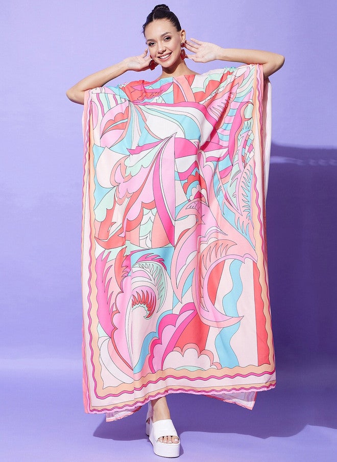 StyleStone Floral Printed Kaftan Satin Maxi Dress with Short Sleeves - Image 1