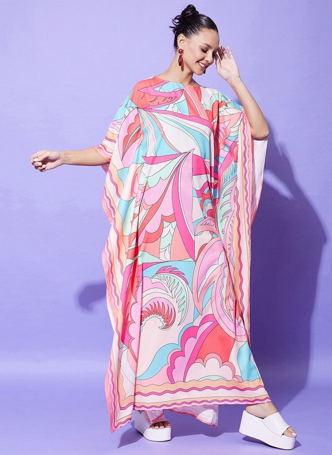 StyleStone Floral Printed Kaftan Satin Maxi Dress with Short Sleeves - Image 5