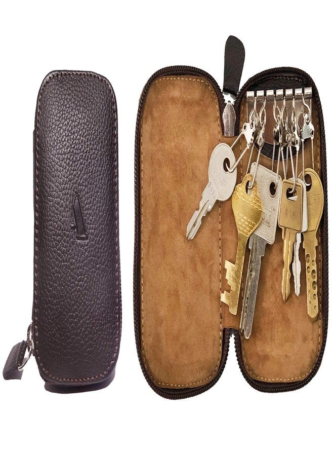 Adamis Leather Keychain Holder Pouch, Key Case, Soft Strong and Compact Organiser and Wallet with Zip Closure and 6 Key Holder Hooks W55 Dark Brown, Size 6 x 11 cm - Image 1