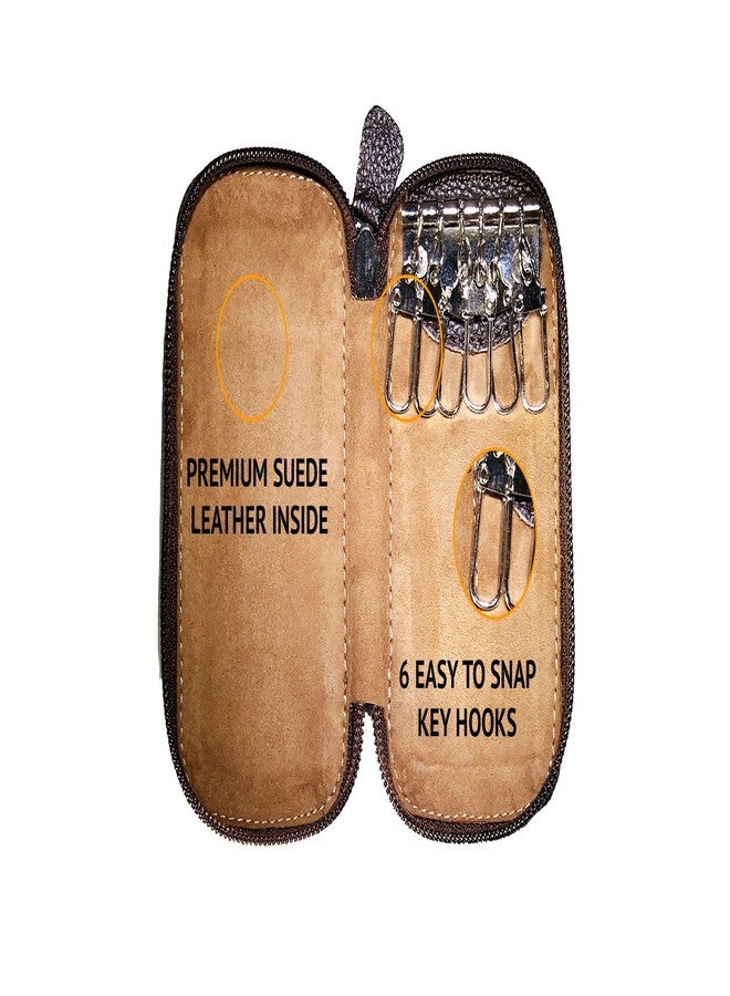 Adamis Leather Keychain Holder Pouch, Key Case, Soft Strong and Compact Organiser and Wallet with Zip Closure and 6 Key Holder Hooks W55 Dark Brown, Size 6 x 11 cm - Image 4