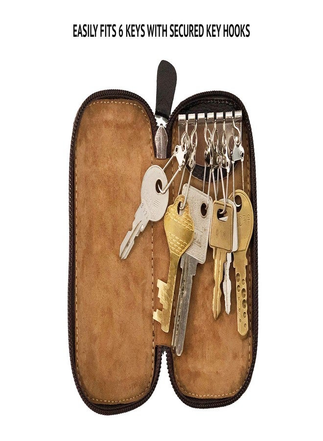 Adamis Leather Keychain Holder Pouch, Key Case, Soft Strong and Compact Organiser and Wallet with Zip Closure and 6 Key Holder Hooks W55 Dark Brown, Size 6 x 11 cm - Image 5