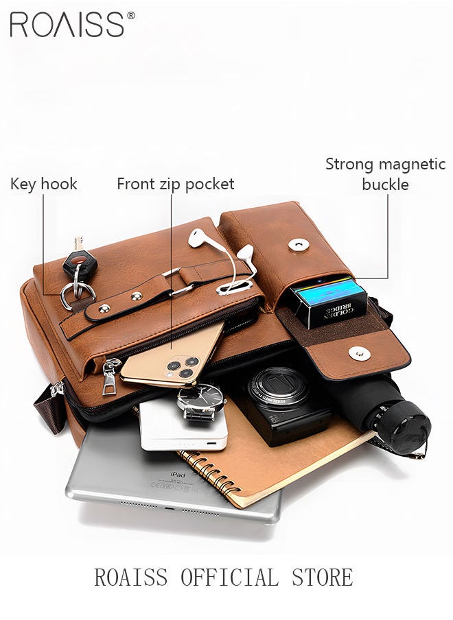 roaiss Business Messenger Shoulder Bag PU Leather Retro Chic Handbag Casual Portable Zipper Crossbody Shoulder Bag Husband Gift for Men Travel Work Office  - Image 4