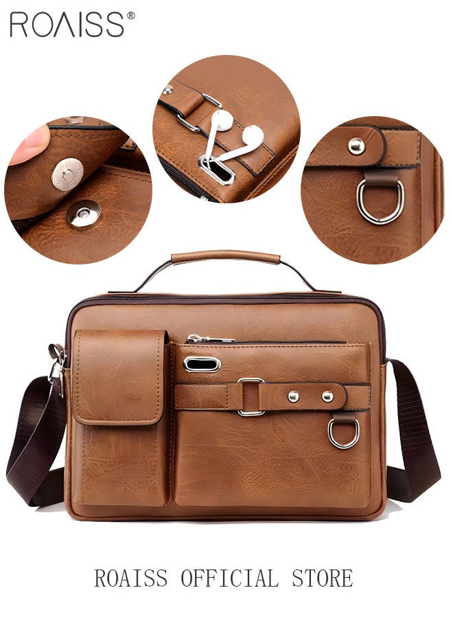 roaiss Business Messenger Shoulder Bag PU Leather Retro Chic Handbag Casual Portable Zipper Crossbody Shoulder Bag Husband Gift for Men Travel Work Office  - Image 1