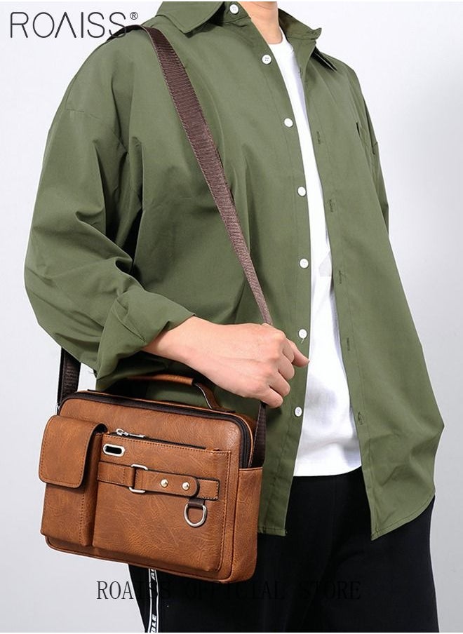 roaiss Business Messenger Shoulder Bag PU Leather Retro Chic Handbag Casual Portable Zipper Crossbody Shoulder Bag Husband Gift for Men Travel Work Office  - Image 2