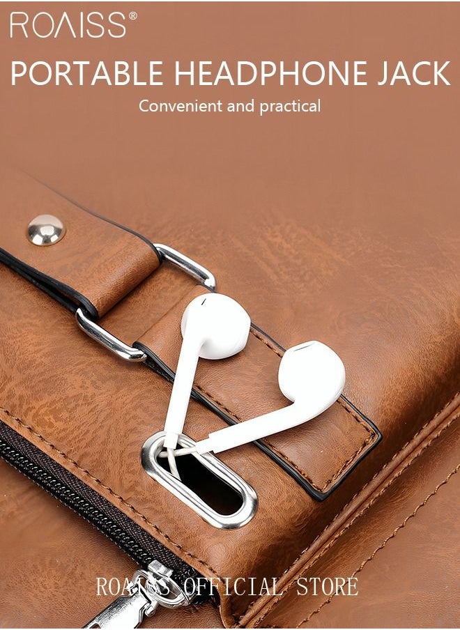 roaiss Business Messenger Shoulder Bag PU Leather Retro Chic Handbag Casual Portable Zipper Crossbody Shoulder Bag Husband Gift for Men Travel Work Office  - Image 5