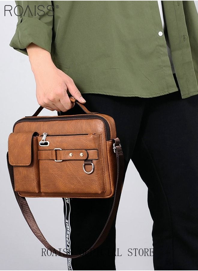 roaiss Business Messenger Shoulder Bag PU Leather Retro Chic Handbag Casual Portable Zipper Crossbody Shoulder Bag Husband Gift for Men Travel Work Office  - Image 3