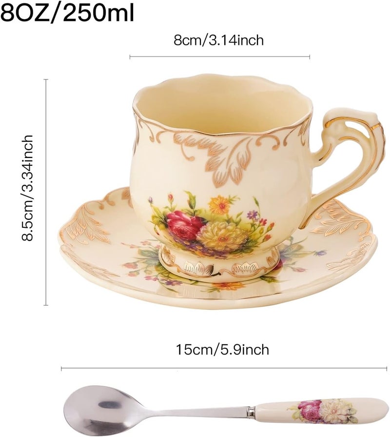 CHILDIKE European Porcelain Tea Cups and Saucers Set Vintage Floral Tea Cups Set Ivory Gold Trim Floral Coffee Cups Set 8 Ounce Gift for Women Floral Set of 4 - Image 3