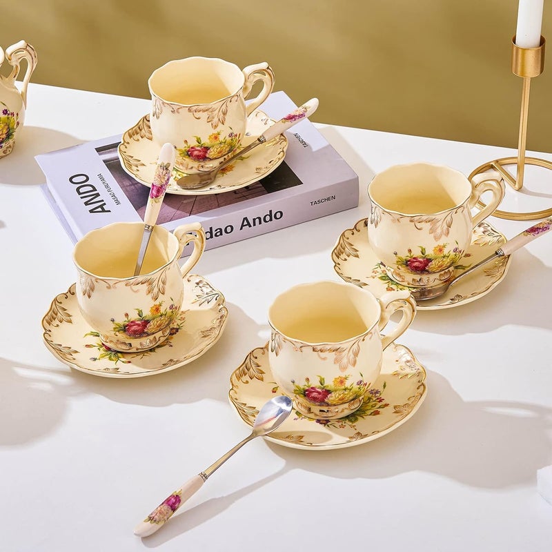 CHILDIKE European Porcelain Tea Cups and Saucers Set Vintage Floral Tea Cups Set Ivory Gold Trim Floral Coffee Cups Set 8 Ounce Gift for Women Floral Set of 4 - Image 2