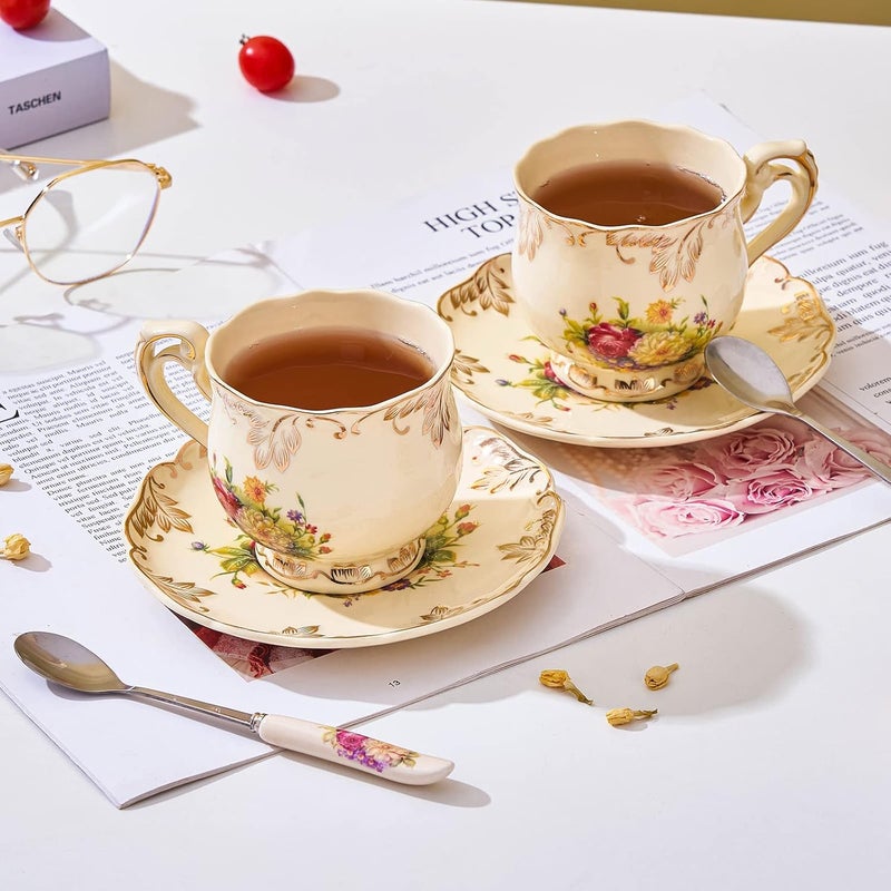 CHILDIKE European Porcelain Tea Cups and Saucers Set Vintage Floral Tea Cups Set Ivory Gold Trim Floral Coffee Cups Set 8 Ounce Gift for Women Floral Set of 4 - Image 5