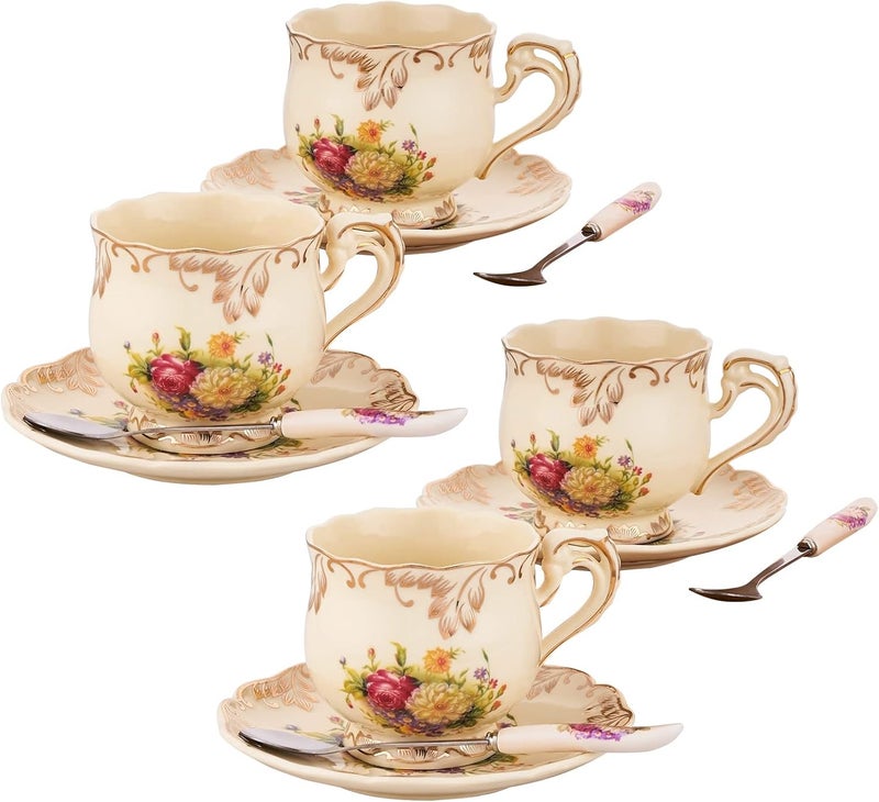 CHILDIKE European Porcelain Tea Cups and Saucers Set Vintage Floral Tea Cups Set Ivory Gold Trim Floral Coffee Cups Set 8 Ounce Gift for Women Floral Set of 4 - Image 1