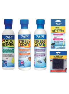 API API Fish Room Essential Bundle 8oz. Includes Auqa Essential 8oz, Stress Coat 8oz, Stress Zyme 8oz, 5in1 Aquarium Test Strips and Handheld Algae Scrubbing Pad for Glass Aquariums.  - Image 1