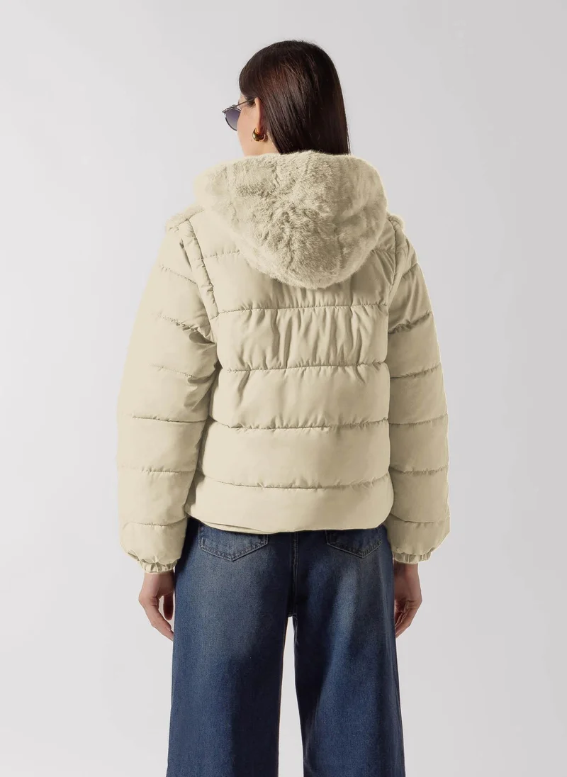 Shapes LIGHT BEIGE FAUX FUR PANEL PUFFER for Women | Best Price UAE