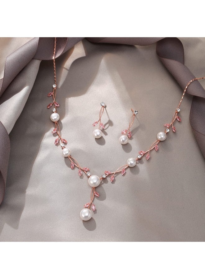 EVER FAITH مجموعة مجوهرات اللؤلؤ للعرائس مع كريستال CZ ولؤلؤ محاكي وزهور متشابكة وأقراط وسلسلة زفاف بلون وردي فاتح وذهبي - Image 4