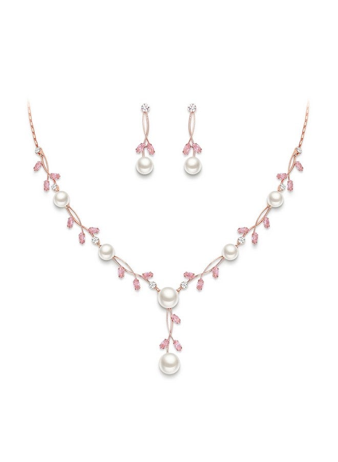 EVER FAITH مجموعة مجوهرات اللؤلؤ للعرائس مع كريستال CZ ولؤلؤ محاكي وزهور متشابكة وأقراط وسلسلة زفاف بلون وردي فاتح وذهبي - Image 1