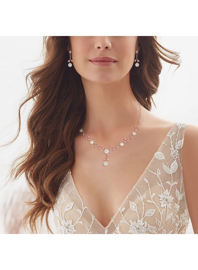 EVER FAITH مجموعة مجوهرات اللؤلؤ للعرائس مع كريستال CZ ولؤلؤ محاكي وزهور متشابكة وأقراط وسلسلة زفاف بلون وردي فاتح وذهبي - Image 3