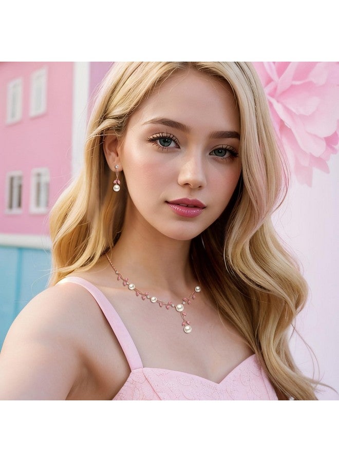 EVER FAITH مجموعة مجوهرات اللؤلؤ للعرائس مع كريستال CZ ولؤلؤ محاكي وزهور متشابكة وأقراط وسلسلة زفاف بلون وردي فاتح وذهبي - Image 2