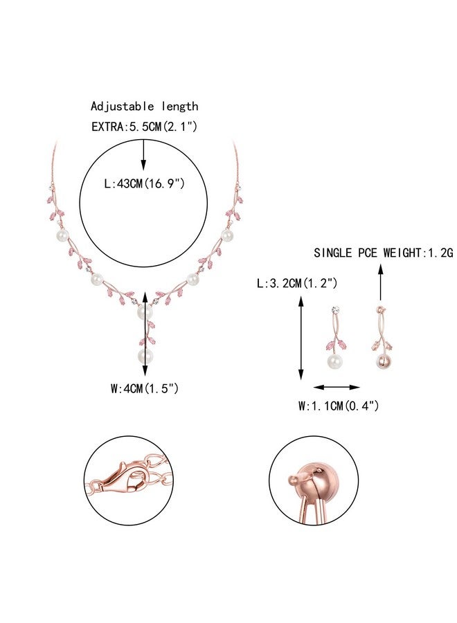 EVER FAITH مجموعة مجوهرات اللؤلؤ للعرائس مع كريستال CZ ولؤلؤ محاكي وزهور متشابكة وأقراط وسلسلة زفاف بلون وردي فاتح وذهبي - Image 5