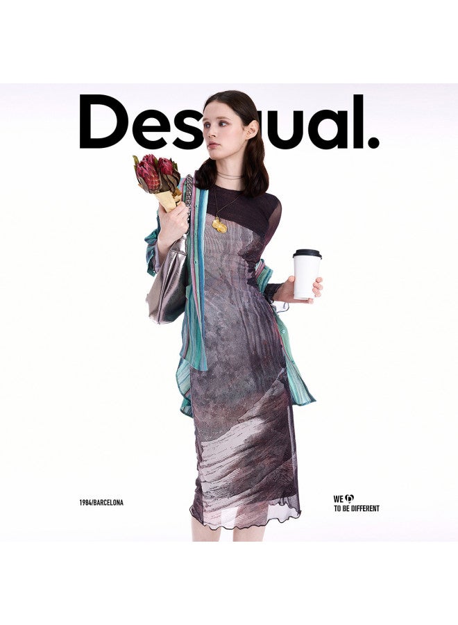 DESIGUAL 25 Fall/Winter New Stretch Hand-Painted Rock Print Long Sleeve Dress - Image 4