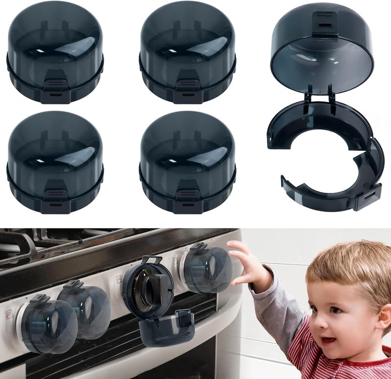 Axfvd Stove Knob Safety Covers Baby Proofing for Press Stove Knob and Oven Knob Child Safety Locks - 5 Pack (Black) - Image 1