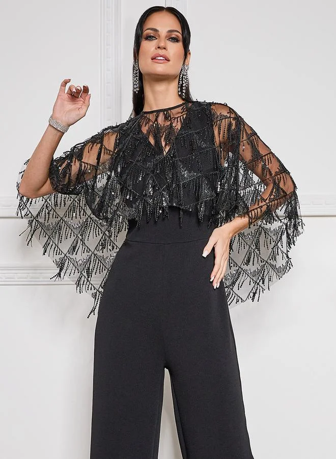 ستايلي V Neck Wide Leg Jumpsuit with Embellished Removable Cape
