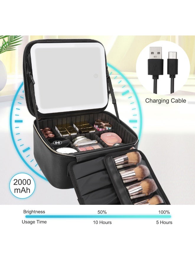 Travel Makeup Bag With LED Mirror, Cosmetic Train Case with Light up Mirror, Portable Makeup Artist Organizer Bag with Adjustable Dividers, Makeup Brush Holder Storage, Black - Image 4